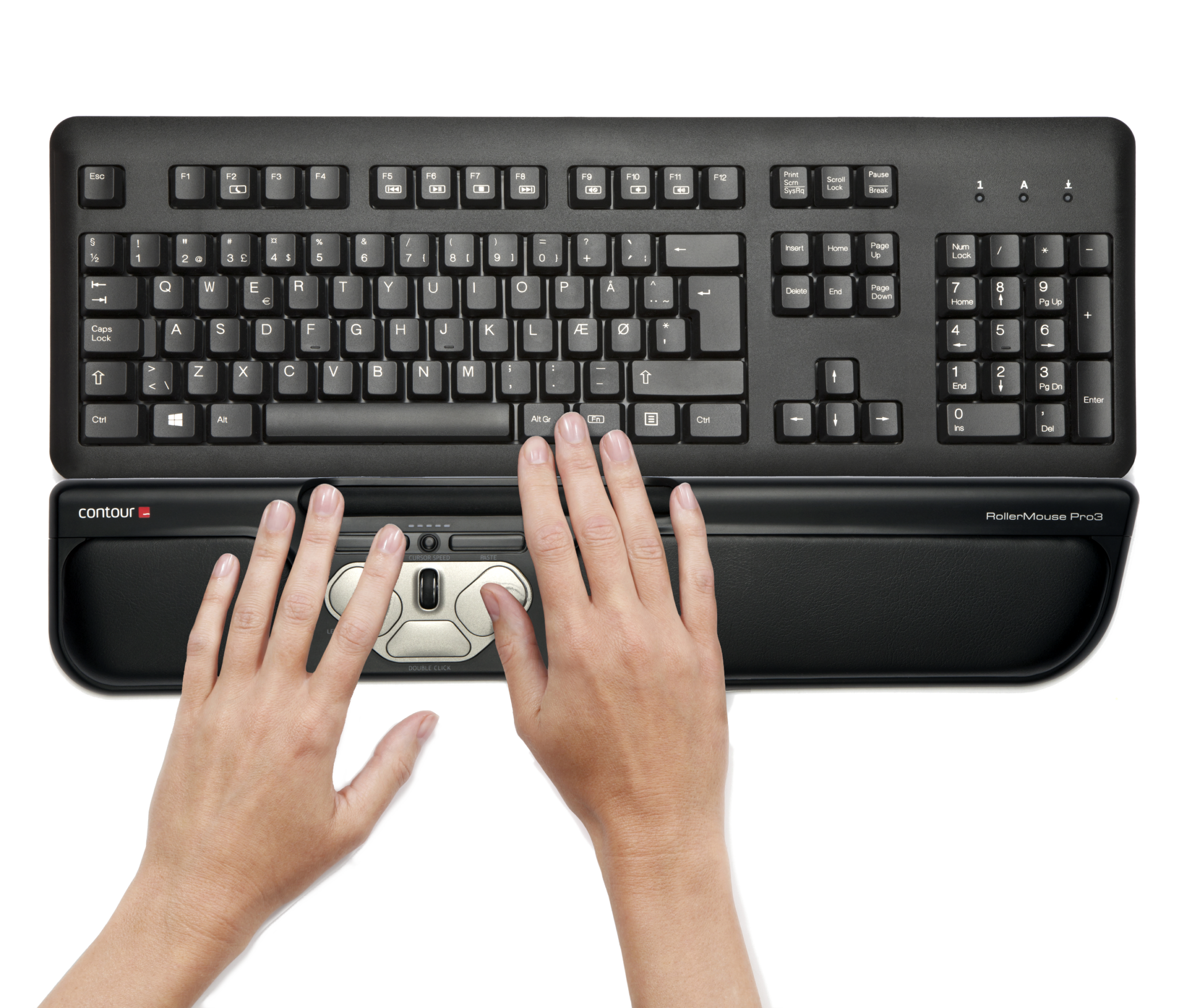 Hands using the Contour RollerMouse Pro3 in front of a keyboard