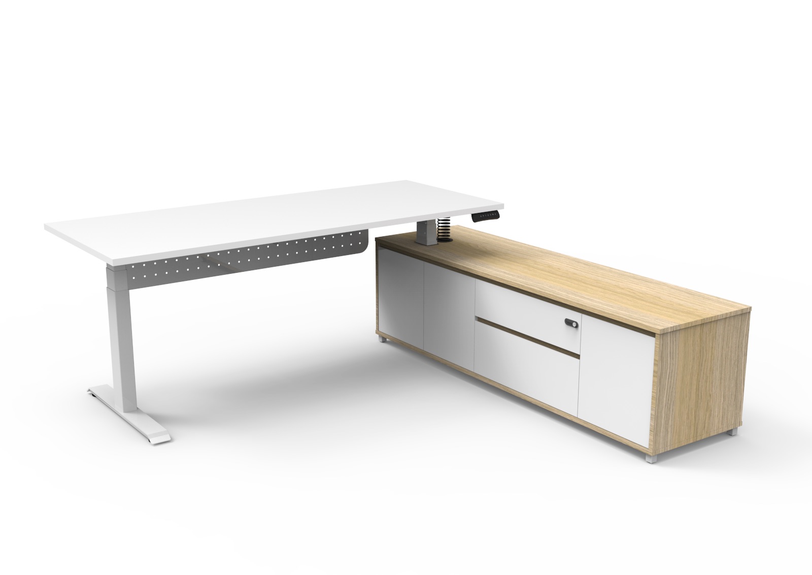 Rapidline Executive Desk, right-hand cabinet return, Natural White top, with modesty panel